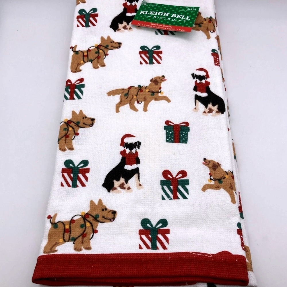 Sleigh Bell Bistro Christmas Dogs Cotton Kitchen Towel 16"x26" 2 Pack NWT